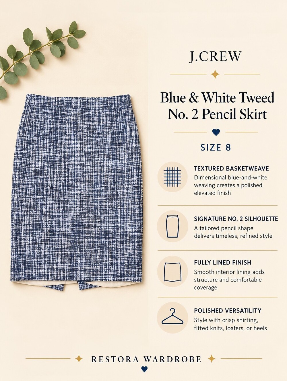 J.Crew No. 2 Pencil Skirt Blue White Tweed Textured Cotton Size 8 Preppy